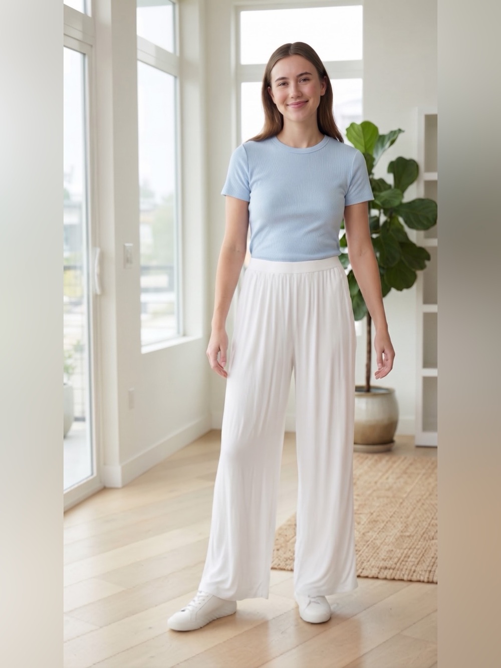 Women’s White Self-Double Layer Wide Leg Pants Medium